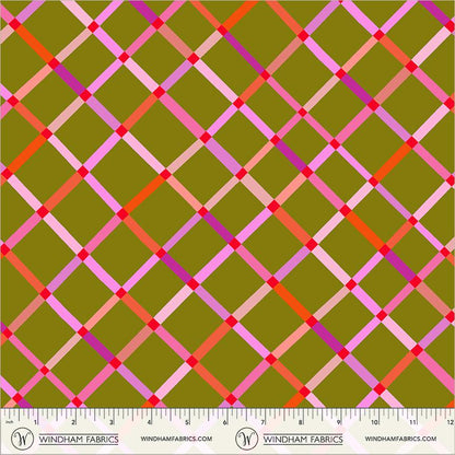 Happy Place Martini Fabric | Crossing 55375D-11 | Annabel Wrigley Windham Fabrics | Green Pink Plaid Quilting Cotton