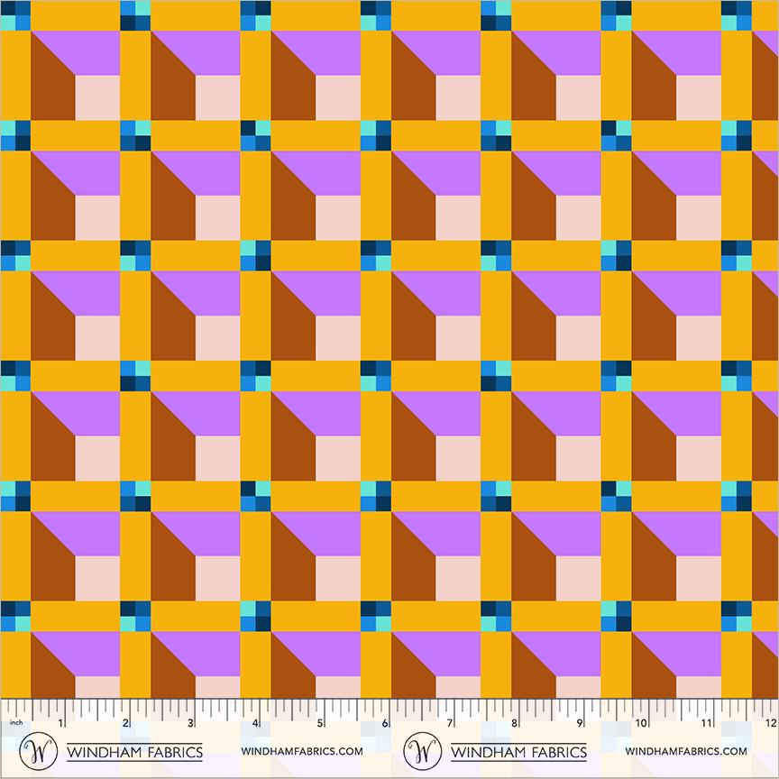 Happy Place Viola Fabric | Window 55376D-13 | Annabel Wrigley Windham Fabrics | Mustard Purple Geometric Quilting Cotton