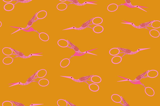 1-800-NOTION Stork Scissors Honey Fabric by Ruby Star Society | RS5216 13 | Pink Sewing Scissors Quilting Cotton