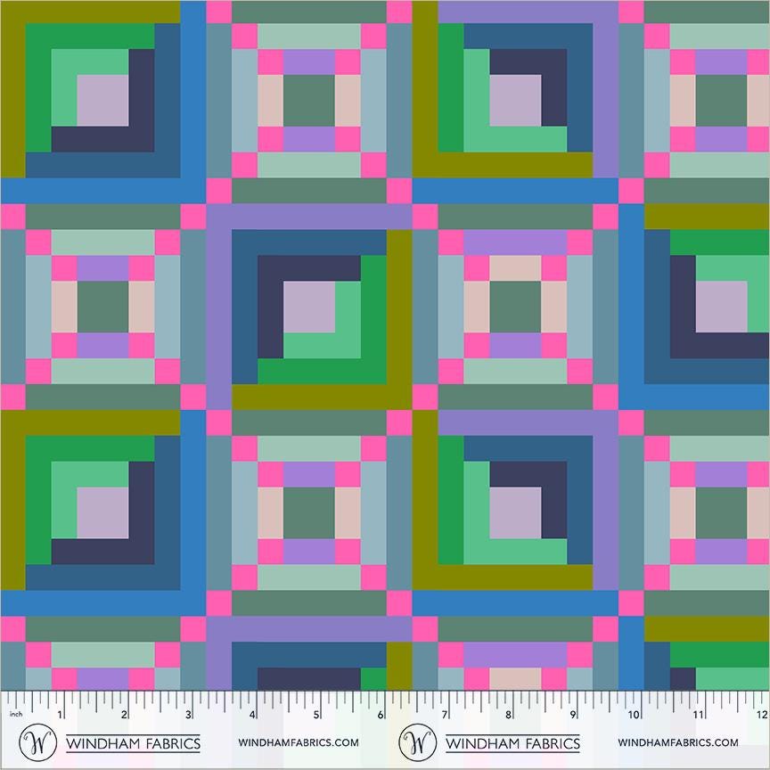 Happy Place Log Cabin Dusk Fabric | 55372D-3 | Annabel Wrigley Windham Fabrics | Blue Green Geometric Quilting Cotton