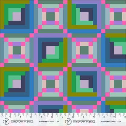 Happy Place Log Cabin Dusk Fabric | 55372D-3 | Annabel Wrigley Windham Fabrics | Blue Green Geometric Quilting Cotton