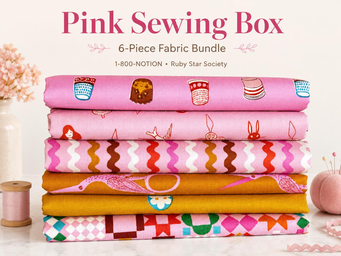 Pink Sewing Box Fabric Bundle | 1-800-NOTION by Ruby Star Society | 6 Piece Pink Sewing & Quilting Cotton Bundle