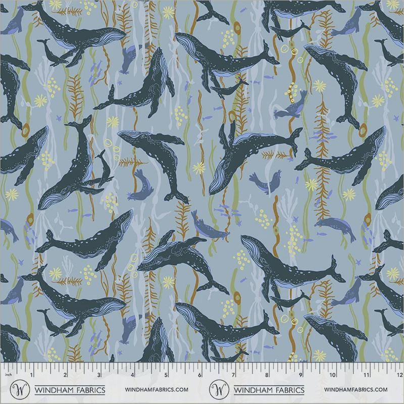 Whale Fabric Ocean Blue, Headwaters Ocean, Rocky Coast Cassandra Zaniboni, Windham Fabrics, Coastal Nautical Cotton 55399-5