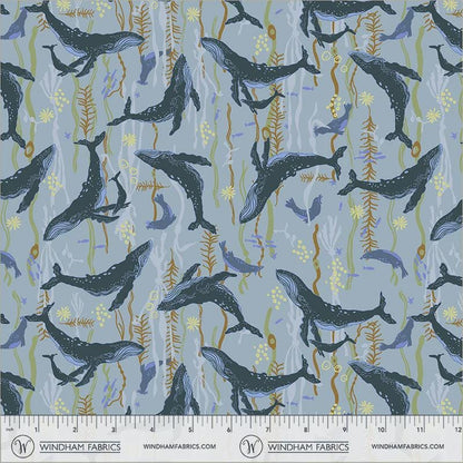 Whale Fabric Ocean Blue, Headwaters Ocean, Rocky Coast Cassandra Zaniboni, Windham Fabrics, Coastal Nautical Cotton 55399-5