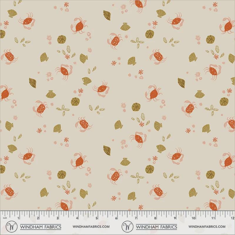 Crab Fabric Pearl, Beach Combers Rocky Coast, Coastal Shell Fabric, Cassandra Zaniboni Windham Fabrics 55405-8