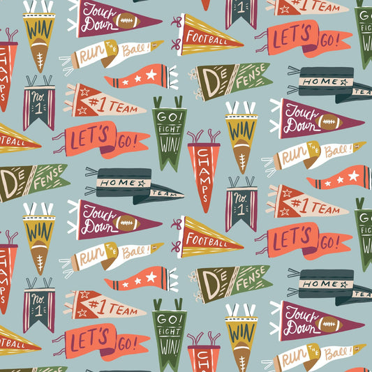 Vintage Victory Blue Multi Fabric | Touchdowns & Tailwags by Krissy Mast for Cloud9 | Organic Cotton Football Pennant Fabric 229552