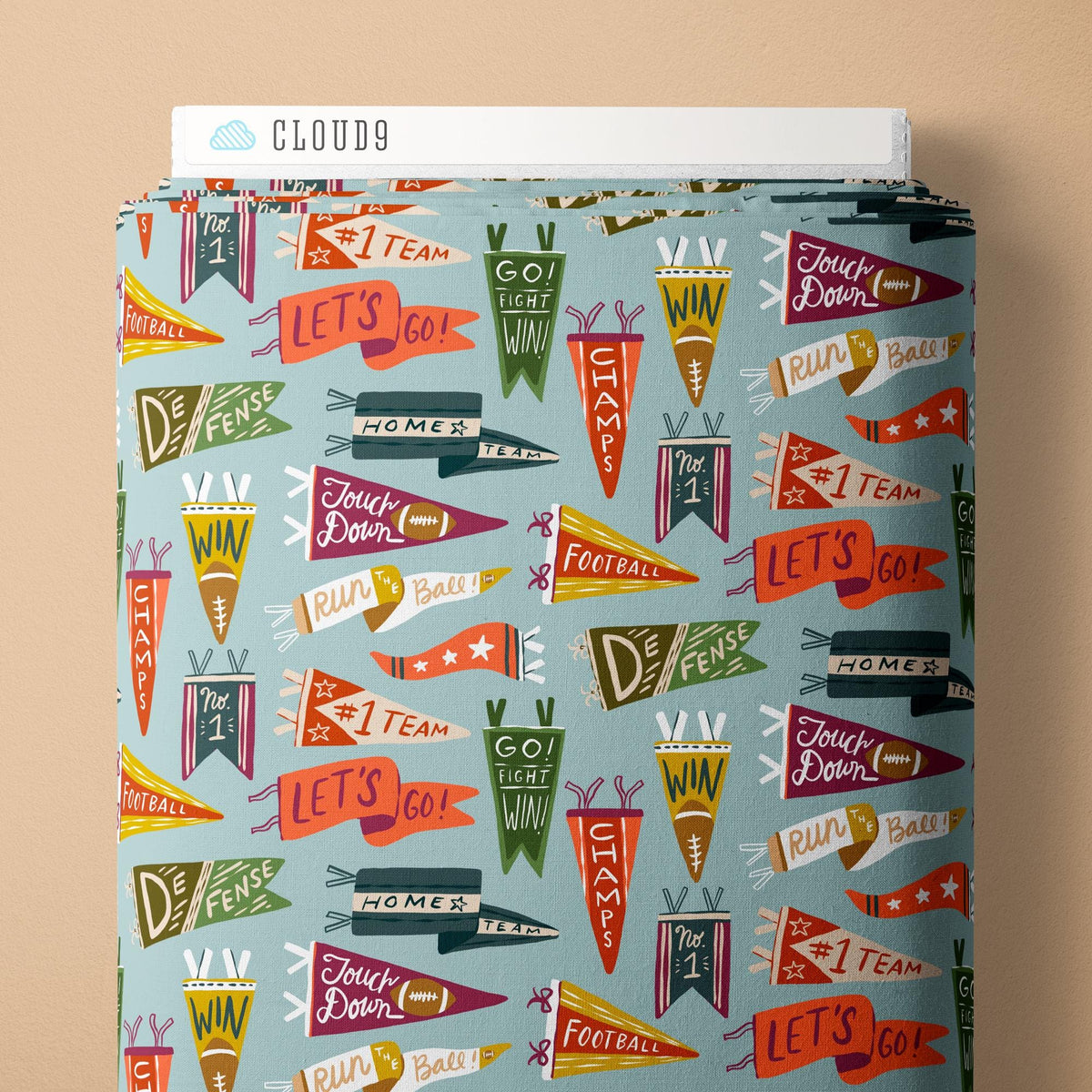 Vintage Victory Blue Multi Fabric | Touchdowns & Tailwags by Krissy Mast for Cloud9 | Organic Cotton Football Pennant Fabric 229552