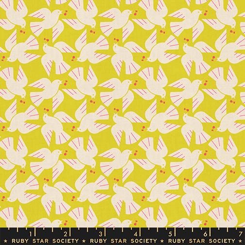 LoFi Linens Flock Yeah Citron Fabric | Rashida Coleman-Hale Ruby Star Society | Bird Linen Blend RS1131 19CL