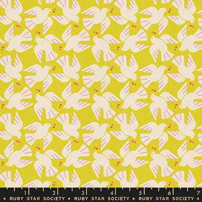 LoFi Linens Flock Yeah Citron Fabric | Rashida Coleman-Hale Ruby Star Society | Bird Linen Blend RS1131 19CL