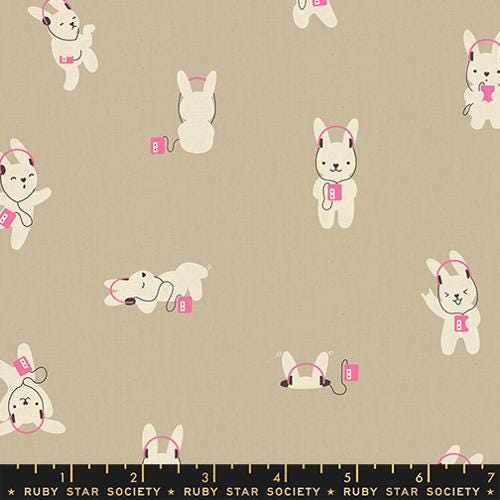 LoFi Linens Rabbeats Khaki Fabric | Rashida Coleman-Hale Ruby Star Society | Bunny Rabbit Linen Blend Fabric RS1129 15CL