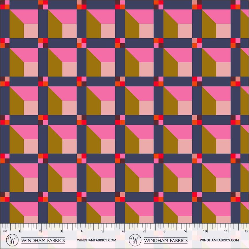 Happy Place Night Sky Fabric | Window 55376D-12 | Annabel Wrigley Windham Fabrics | Navy Pink Geometric Quilting Cotton