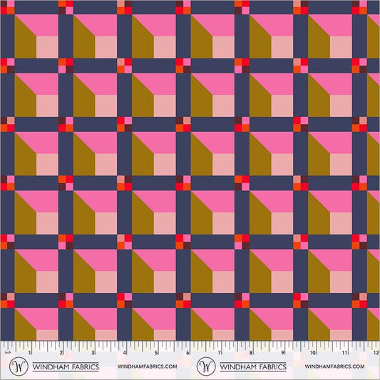 Happy Place Night Sky Fabric | Window 55376D-12 | Annabel Wrigley Windham Fabrics | Navy Pink Geometric Quilting Cotton