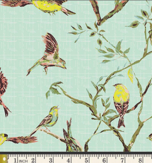Garden Chorus Dew Fabric, Bari J My Mother's Daughter, Bird Fabric, Aqua Botanical Cotton, Art Gallery Fabrics MMD-57307