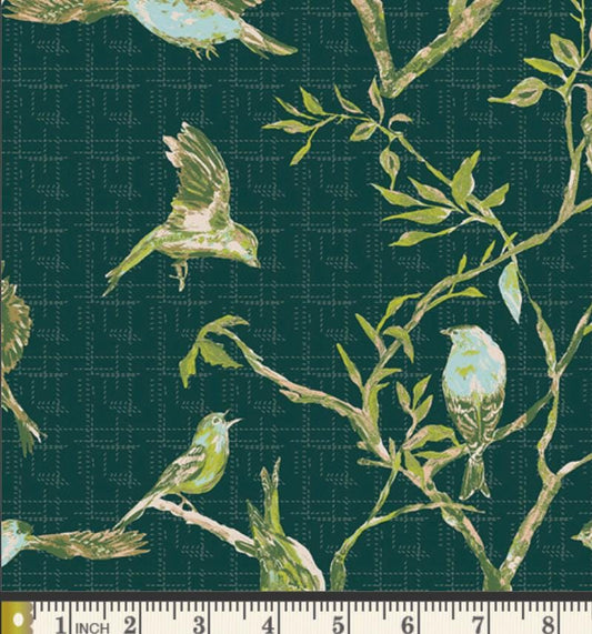 Garden Chorus Moss by Bari J for Art Gallery Fabrics | My Mother’s Daughter | MMD-47307 | Dark Green Bird Botanical Quilting Cotton