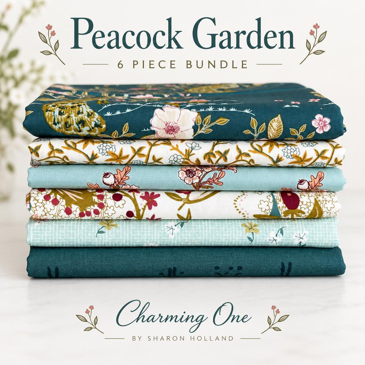 Peacock Garden Fabric Bundle | 6 Fat Quarters | Charming One Sharon Holland | Teal Blue Floral Art Gallery Fabrics