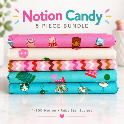 Notion Candy 5 Piece Fat Quarter Bundle | 1-800-Notion Ruby Star Society | Sewing Fabric Bundle | Pink Aqua Quilting Cotton