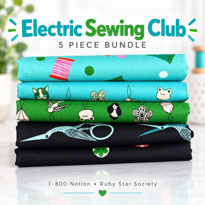 Electric Sewing Club 5 Piece Fat Quarter or Half Yard Bundle | 1-800-Notion Ruby Star Society | Black Aqua Sewing Fabric