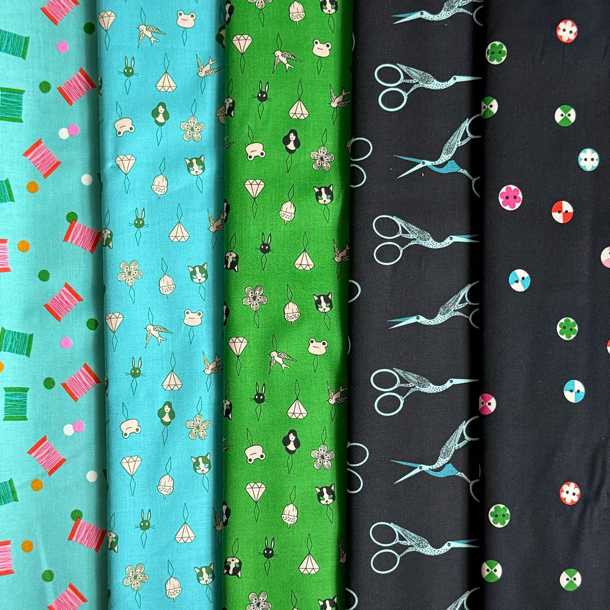 Electric Sewing Club 5 Piece Fat Quarter or Half Yard Bundle | 1-800-Notion Ruby Star Society | Black Aqua Sewing Fabric