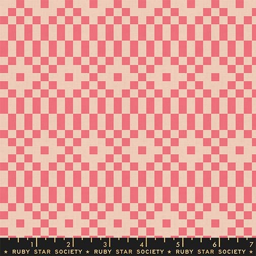 LoFi Linens Bitmapped Neon Coral Fabric | Rashida Coleman-Hale Ruby Star Society | Pink Geometric Linen Blend RS1136 17CL
