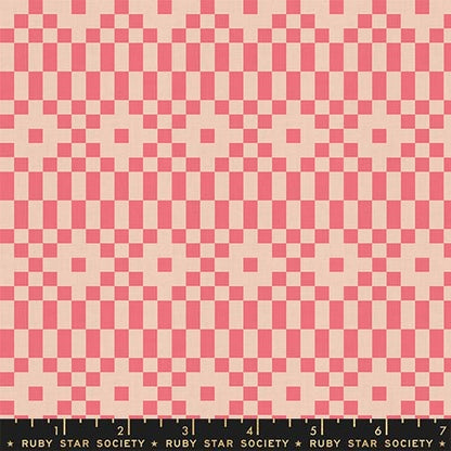LoFi Linens Bitmapped Neon Coral Fabric | Rashida Coleman-Hale Ruby Star Society | Pink Geometric Linen Blend RS1136 17CL