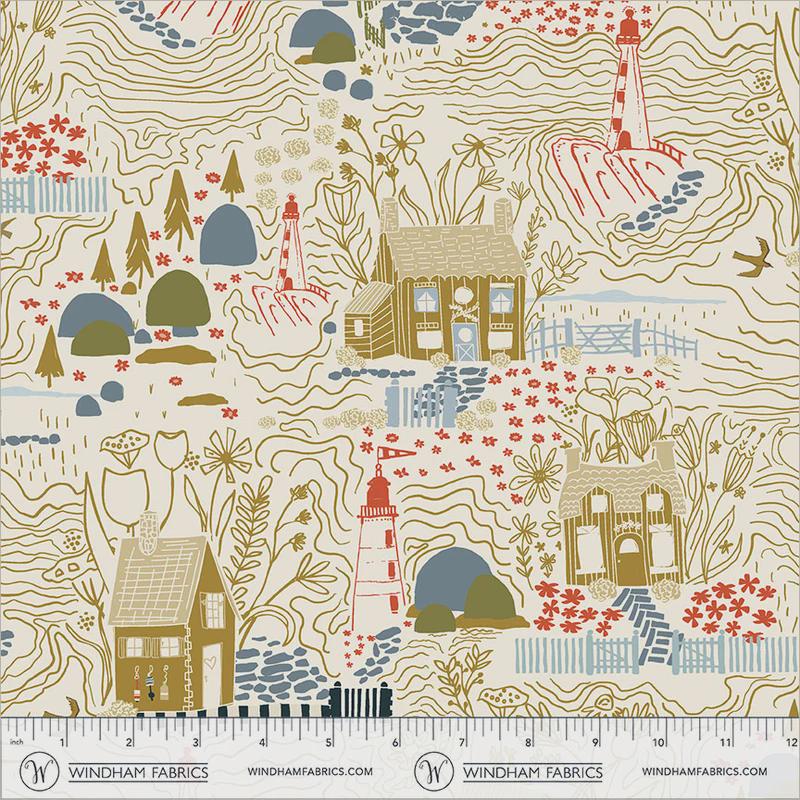 Coastal Cottage Fabric Ivory, Inverness Rocky Coast, Lighthouse Fabric, Cassandra Zaniboni Windham Fabrics 55397-1