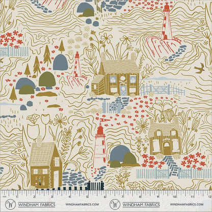 Coastal Cottage Fabric Ivory, Inverness Rocky Coast, Lighthouse Fabric, Cassandra Zaniboni Windham Fabrics 55397-1