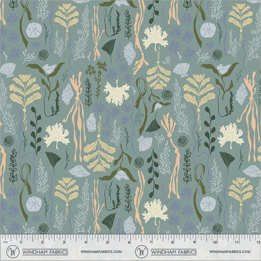 Seaweed Fabric Blue Green, Tidelands Lake Rocky Coast, Coastal Botanical Cotton, Cassandra Zaniboni Windham 55400-7