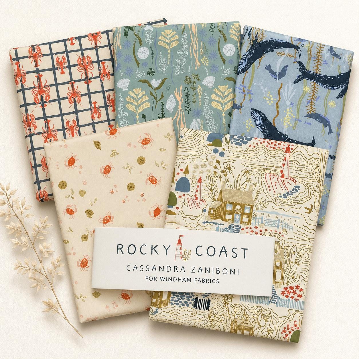 Rocky Coast Fabric Bundle, Seaside Stories 5 Piece Fat Quarter Bundle, Cassandra Zaniboni Windham, Coastal Whale Lobster Fabric