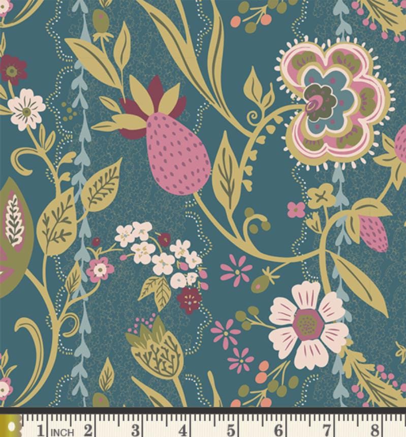 Global Charm Tapis Flannel Fabric | Charming One Sharon Holland | Art Gallery Fabrics F-64100a | Teal Floral Quilt Backing