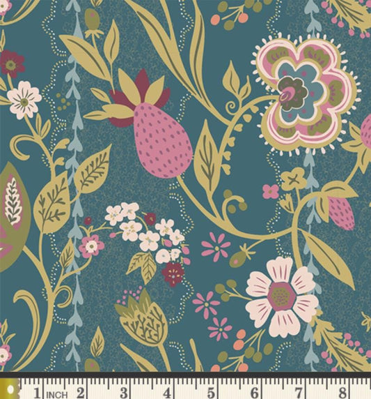 Global Charm Tapis Flannel Fabric | Charming One Sharon Holland | Art Gallery Fabrics F-64100a | Teal Floral Quilt Backing