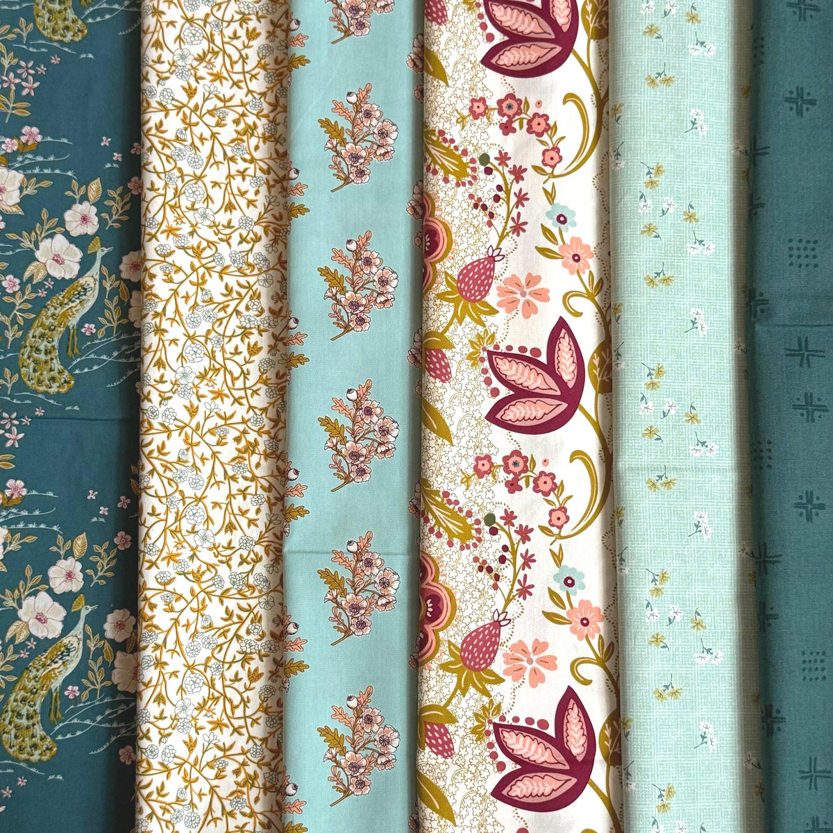 Peacock Garden Fabric Bundle | 6 Fat Quarters | Charming One Sharon Holland | Teal Blue Floral Art Gallery Fabrics