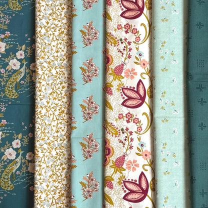 Peacock Garden Fabric Bundle | 6 Fat Quarters | Charming One Sharon Holland | Teal Blue Floral Art Gallery Fabrics