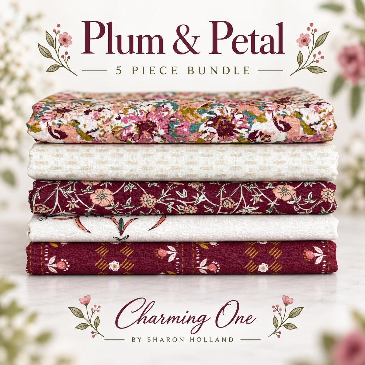 Plum & Petal Fabric Bundle | 5 Fat Quarters | Charming One Sharon Holland | Plum Mauve Floral Art Gallery Fabrics