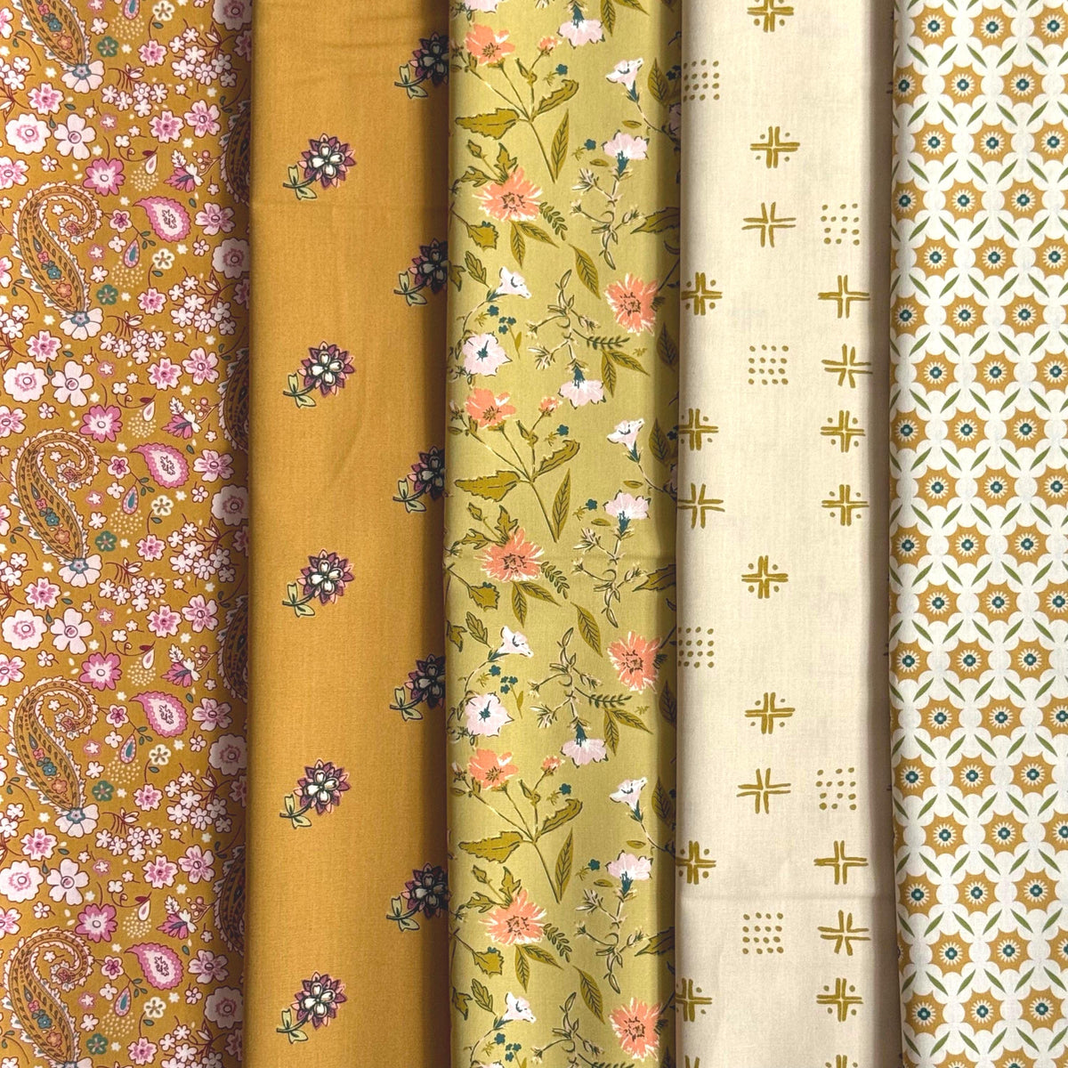 Golden Meadow Fabric Bundle | 5 Fat Quarters | Charming One Sharon Holland | Mustard Ochre Floral Art Gallery Fabrics