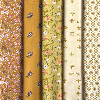 Golden Meadow Fabric Bundle | 5 Fat Quarters | Charming One Sharon Holland | Mustard Ochre Floral Art Gallery Fabrics