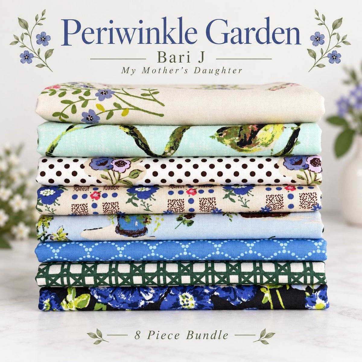 Periwinkle Garden Fabric Bundle, Bari J My Mother’s Daughter, Blue Lavender Fat Quarter Bundle, Art Gallery Fabrics