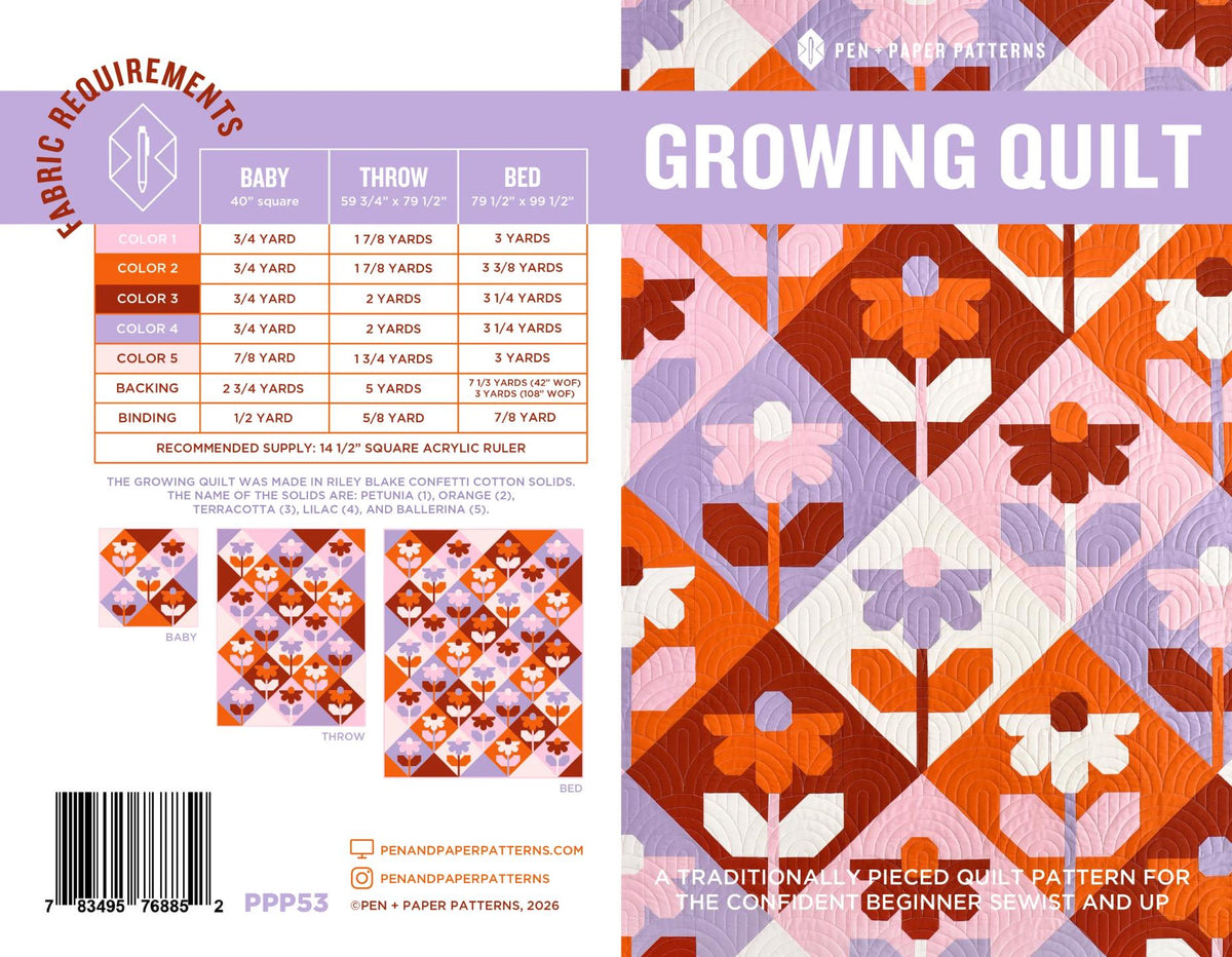 Growing Quilt Pattern by Pen + Paper Patterns | PPP53 | Printed Quilt Pattern | Modern Flower Quilt | Baby Throw Bed Sizes