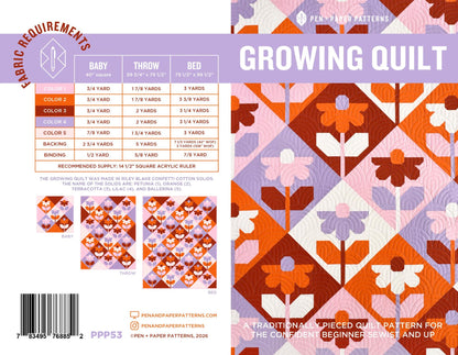 Growing Quilt Pattern by Pen + Paper Patterns | PPP53 | Printed Quilt Pattern | Modern Flower Quilt | Baby Throw Bed Sizes