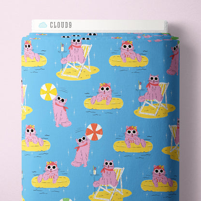 Pool Pawty Blue | Poolside Purrfection by Krissy Mast | Cloud9 Fabrics Organic Cotton | Cat Summer Fabric
