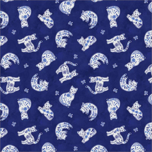 Purrcelain Cats Royal Fabric | Chateau Meow by Whistler Studios | Windham Fabrics 55344-3 | Blue Cat Quilting Cotton