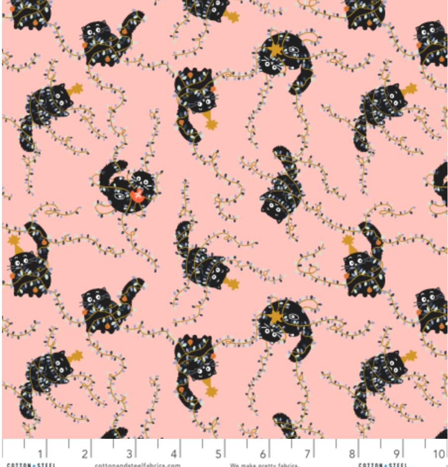 Christmas Cat Fabric - Catmas Tangle Cat's Meow Metallic - Cotton+Steel Calli and Co - Pink Black Cat Holiday Fabric