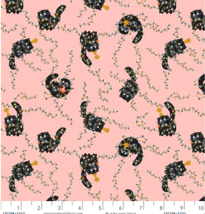 Christmas Cat Fabric - Catmas Tangle Cat's Meow Metallic - Cotton+Steel Calli and Co - Pink Black Cat Holiday Fabric