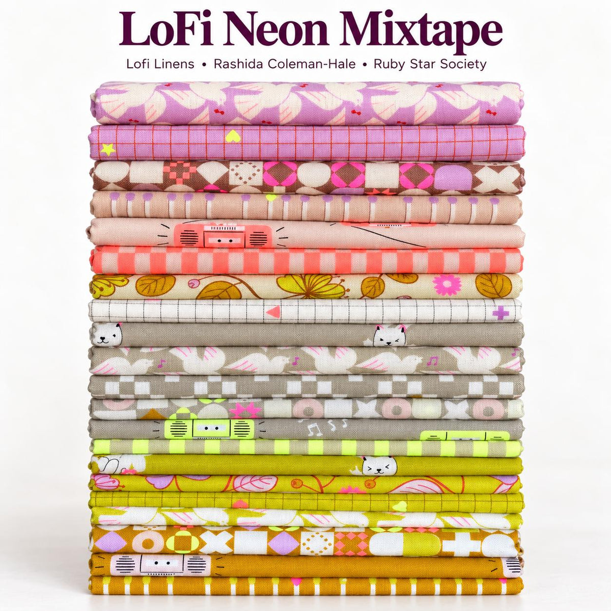 LoFi Neon Mixtape Fabric Bundle | 21 Fat Quarters or Half Yards | Lofi Linens by Rashida Coleman-Hale | Ruby Star Society