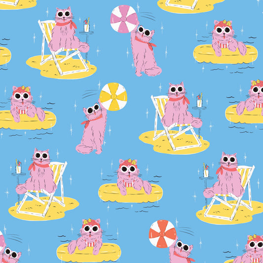 Pool Pawty Blue | Poolside Purrfection by Krissy Mast | Cloud9 Fabrics Organic Cotton | Cat Summer Fabric