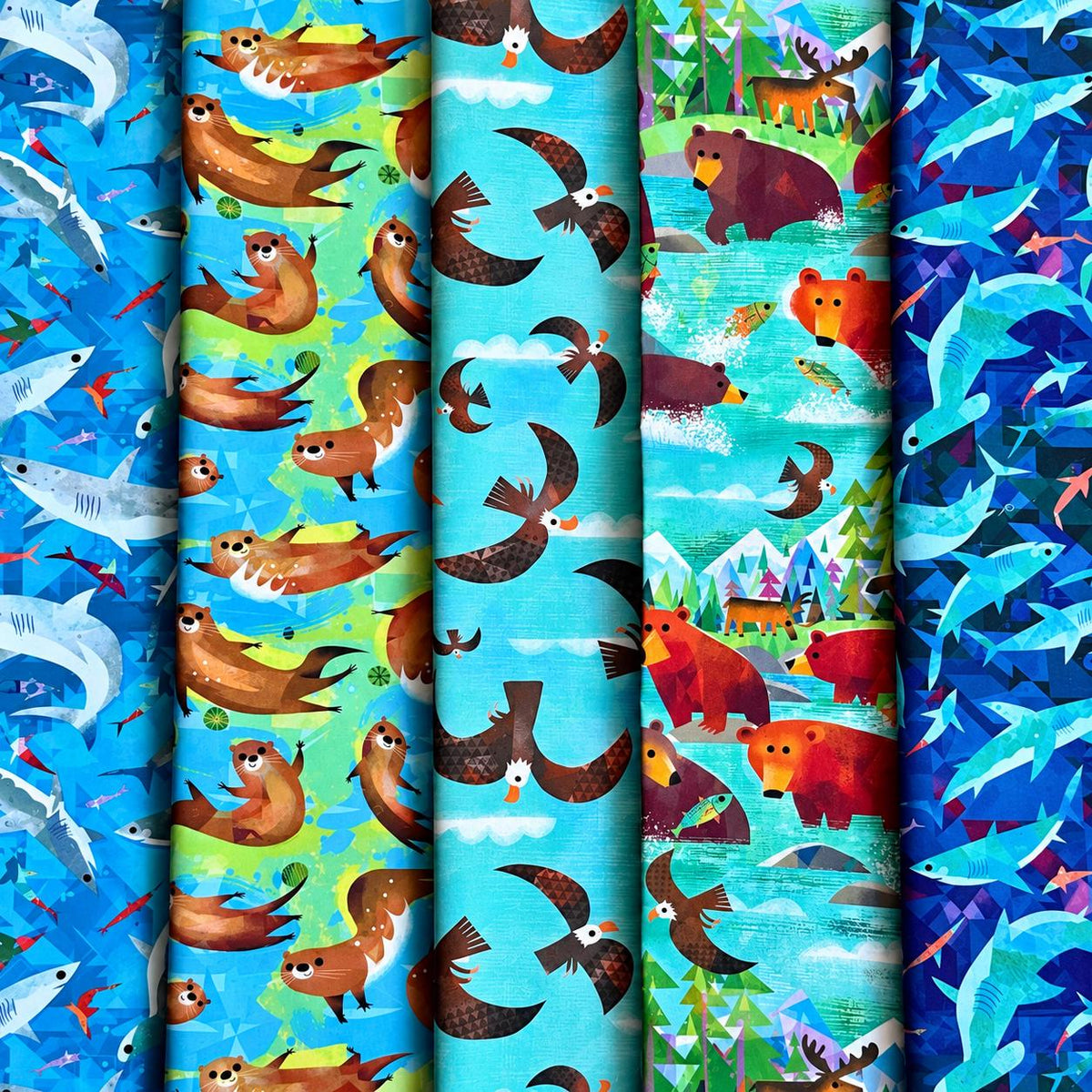 Into the Blue 5 Piece Fabric Bundle | Animal Kingdom Gareth Lucas | Blue Wildlife Fat Quarter or Half Yard Bundle