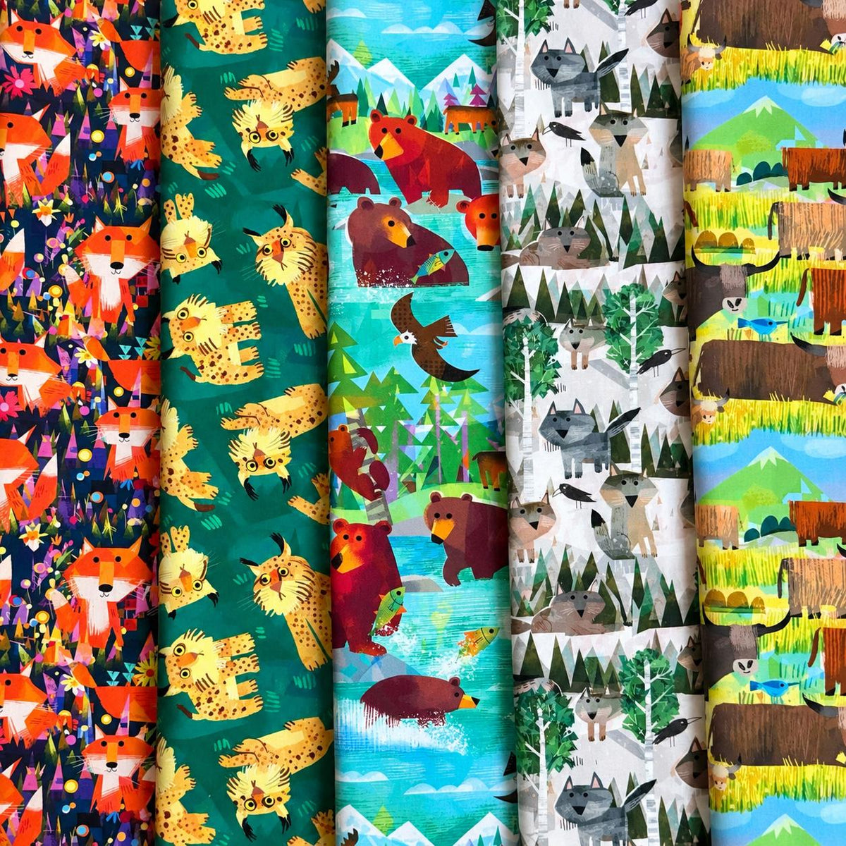 Forest Friends 5 Piece Fabric Bundle | Animal Kingdom Gareth Lucas | Woodland Fat Quarter or Half Yard Bundle