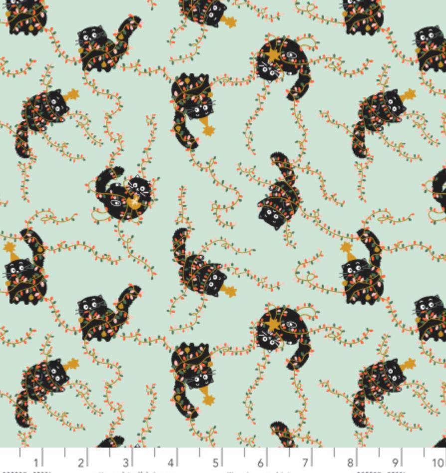 Christmas Cat Fabric - Catmas Tangle Soft Mint Metallic - Cotton+Steel Calli and Co - Black Cat Holiday Quilting Cotton