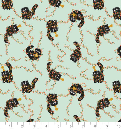 Christmas Cat Fabric - Catmas Tangle Soft Mint Metallic - Cotton+Steel Calli and Co - Black Cat Holiday Quilting Cotton