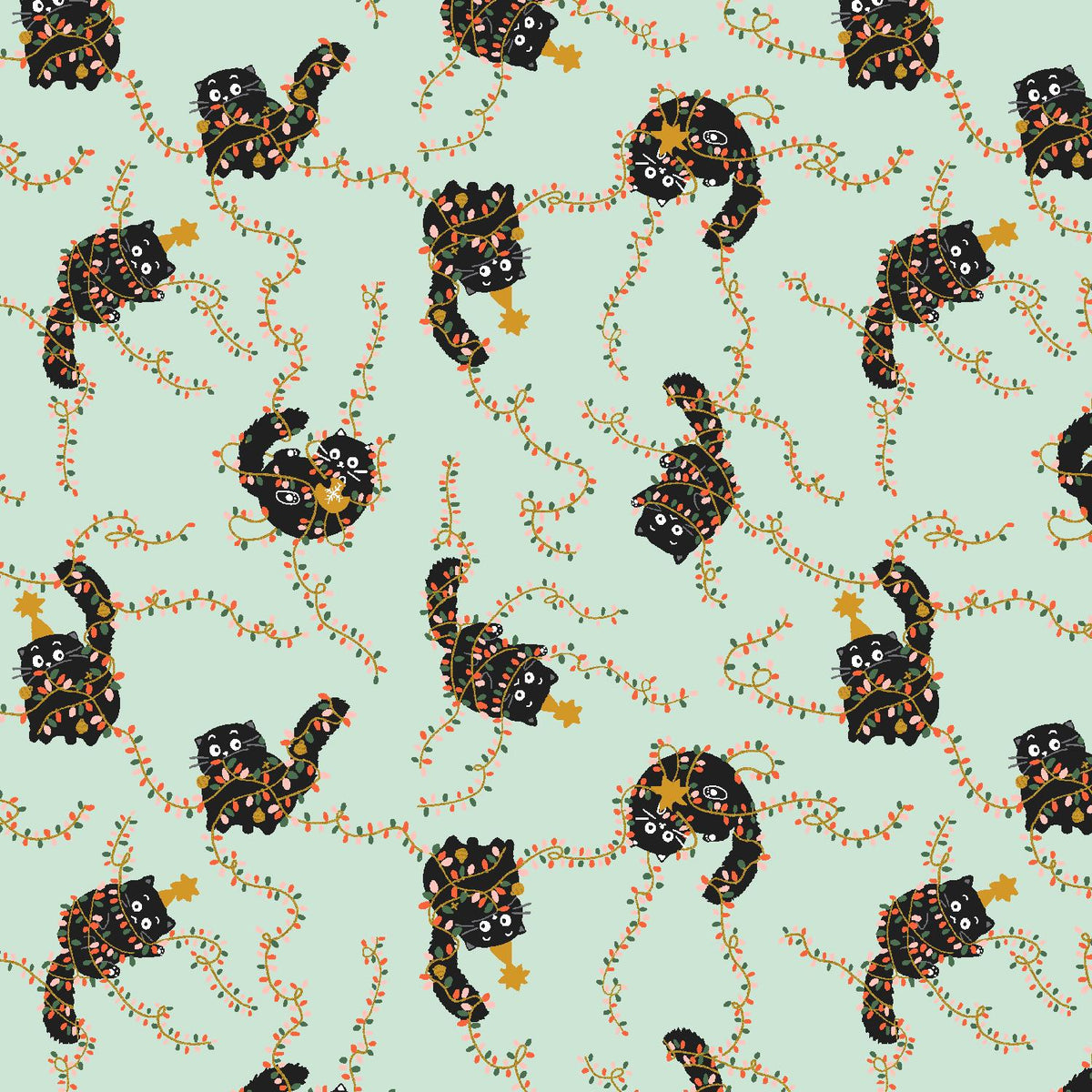Christmas Cat Fabric - Catmas Tangle Soft Mint Metallic - Cotton+Steel Calli and Co - Black Cat Holiday Quilting Cotton