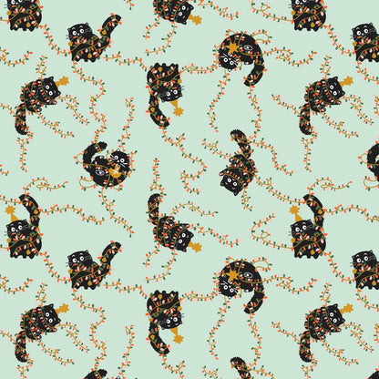 Christmas Cat Fabric - Catmas Tangle Soft Mint Metallic - Cotton+Steel Calli and Co - Black Cat Holiday Quilting Cotton